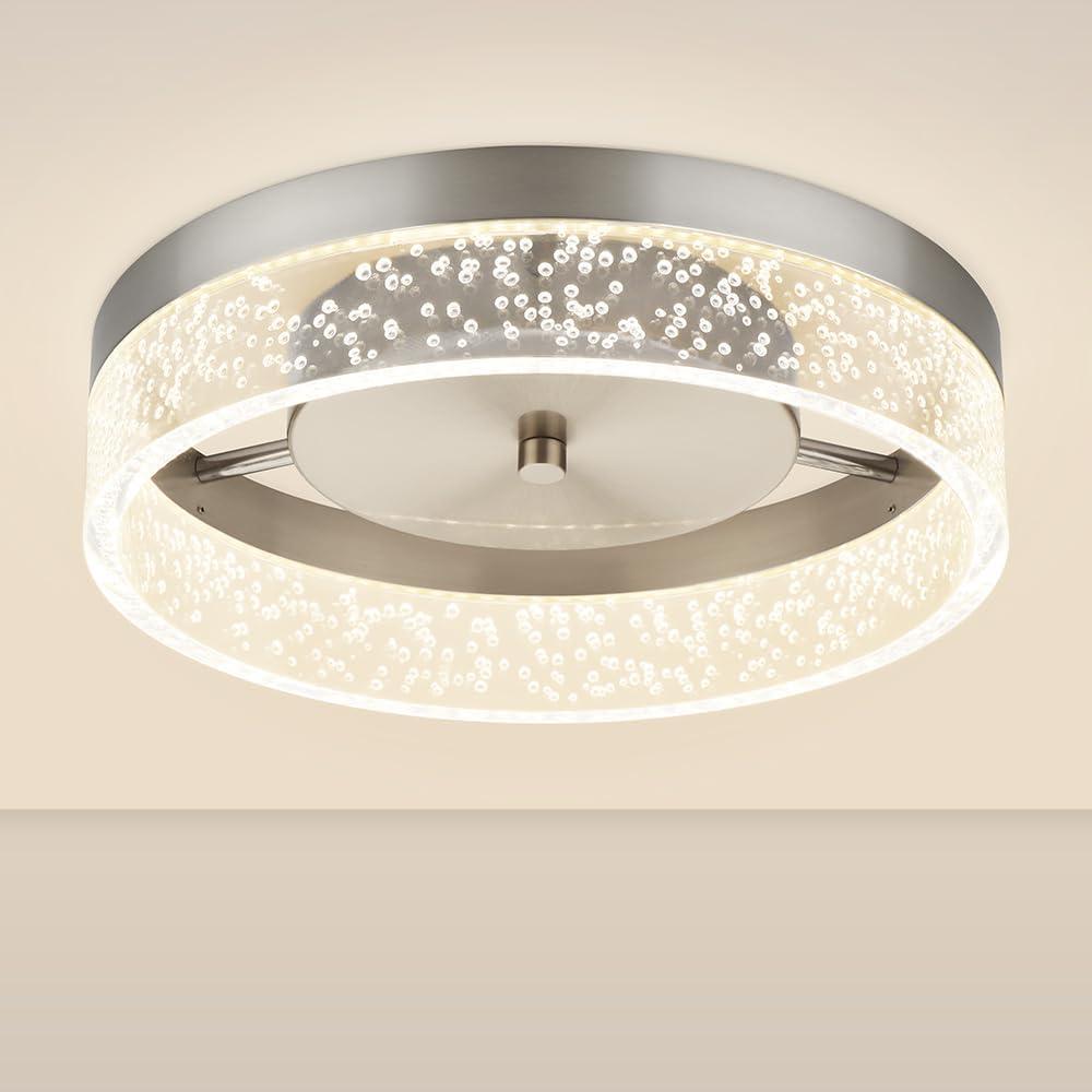 LED Flush Mount Ceiling Light Fixture, 12In Crystal Chandelier with Clear Bubble Acrylic, Modern Ceiling Lighting for Dining Room, Bedroom, Living Room, Kitchen, Brushed Nickel, 4000K Dimmable