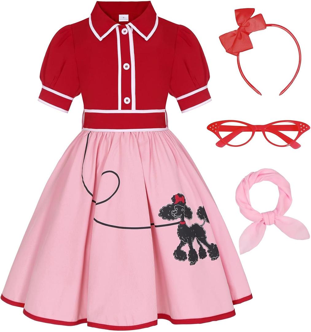 50s Outfit for Girls 50s Costume Girls Poodle Skirt Sock Hop Halloween Party Dress Up (Pink, S)