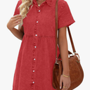 LookbookStore Women's Short Sleeve Button Down Flowy Tiered Babydoll Denim Dress Large