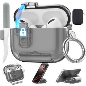 Valkit Compatible with Apple Airpods Pro 3 Case 2025, Clear Magnetic Automatic Lock Cases with Phone Stand &Cleaning Kit for Air pod Pro 3 Gen, iPods Pro 3 Earbuds Keychain Case for Airpod Pro 3 Black