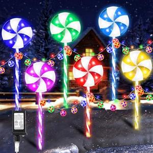 6 Pack Christmas Lollipop Pathway Lights Outdoor with 28PC Candy, 27" 176LED Peppermint Candy Cane Decoration with 8 Mode&Timer&Stake, Pathway Marker Light for Walkway Outsides Decor(Multicolor)