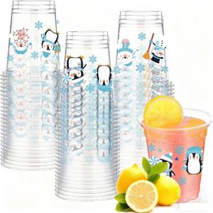 SYUCVQI 50 Pcs Christmas Snowman Plastic Cups Disposable Snowflake Party Cup Clear PET Drinking Cups for Xmas Winter Birthday Party Juice Beverage Drinkware Table Decor Supplies,12Oz Blue