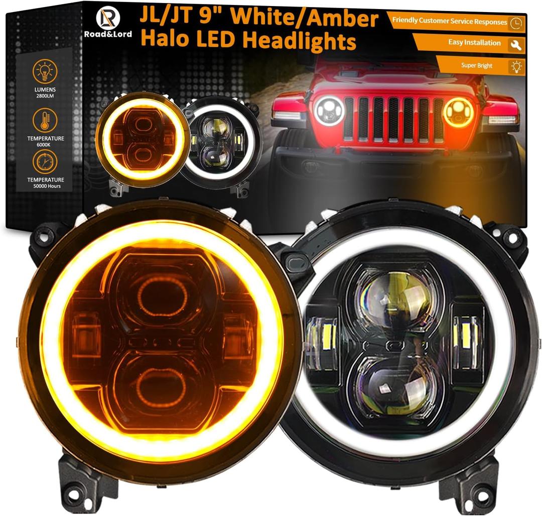 JL/JT 9 Inch LED Headlights with Halo DRL & Turn Signal Round for Je-ep 2018-2024 Wrangler Gladiator JL JLU Unlimited Sport Rubicon Sahara 9" DOT Headlight Integrated DRL Turn Signal Halo Ring