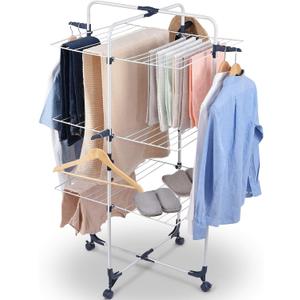 TOOLF Clothes Drying Rack, 3-Tier Collapsible Laundry Rack Stand Garment Drying Station with Wheels and 4 Hooks, Indoor-Outdoor Use, for Bed Linen, Clothing, Socks, Scarves White