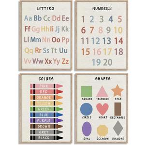 ZPJLRFC 4Pcs Nursery Classroom Canvas Wall Art Educational Preschool Learning Posters Artwork Shapes Colors Numbers Alphabet Painting Pictures Wall Decor for Playroom Home Decoration 8x10in Unframed