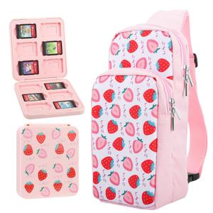 GLDRAM Pink Strawberry Travel Bag for Nintendo Switch/OLED/Lite/2, Cute Carrying Case Portable Sling Shoulder Bag Accessories Bundle for Switch with Game Card Case Holder & 2 Thumb Grip Caps for Girls