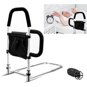 Bed Rails for Elderly Adults Safety-Bed Assist Rail with Double Grab Bars & Fall Prevention Guard & Storage Pocket Fits King, Queen, Full, Twin, Support Up to 300lbs,Height 25.6'' (Double Grab Bars)