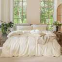 MooMee Bedding Duvet Cover Set 100% Washed Cotton Linen Like Textured Breathable Durable Soft Comfy (Solid Cream White, King 104"x90")