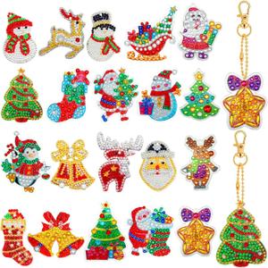 Chuangdi 20 Pcs Diamond Art Christmas Ornaments Diamond Art Kit for Adult DIY Diamonds Painting Keychains Crystal Rhinestone Arts Craft Santa Snowman Xmas Party Decor Supplies