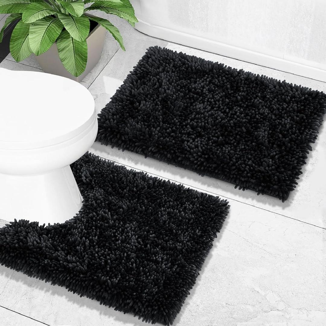Yimobra Bathroom Rugs Sets 2 Piece, Soft Absorbent Bath Mat and U-Shaped Toilet Rug with Non Slip Backing, Luxury Shaggy Bath Mats for Bathroom, Machine Washable, 24"x17"+24"x20", Black