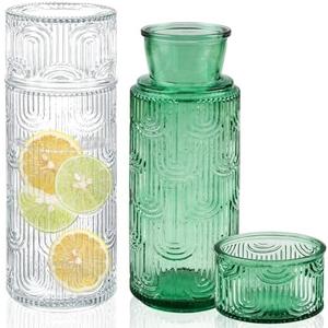 4 Pcs Bedside Water Carafe and Glass Set 21.6 OZ Glass Pitcher with 6 OZ Cup Drinking Cup as Lid for Nightstand, Kitchen Mouthwash Dispenser for Bathroom
