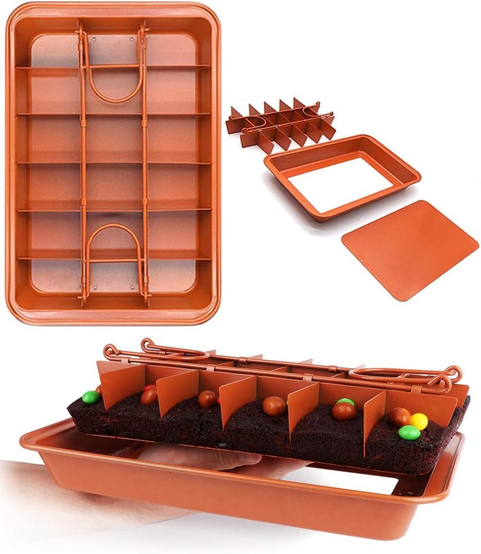 Brownie Pan with Dividers Baking Tray All Edges-Only - Bite Size Baking Steel Corner Brownies Pan with Cutter, Makes 18 Pre-cut Brownies Perfect All at Once - 12 X 8 X 1.6 Inches (Red)