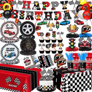 Race Car Birthday Party Decorations Cars Birthday Decorations - Plates, Napkins, Cups, Banner, Hanging Swirls, Tablecloths, Balloons, Honeycomb Centerpieces for Boys Car Decorations, Serves 24