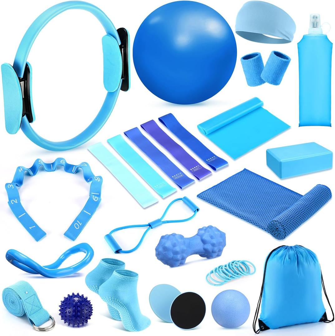 24 Pcs Home Pilates Essentials Kit for Women, Pilates Equipment Ring and Ball Set with Stretching Strap, Water Bottle, Magic Circle, Yoga Ring, Gym Bag, Resistance Band, Anti Slip Socks (Blue)