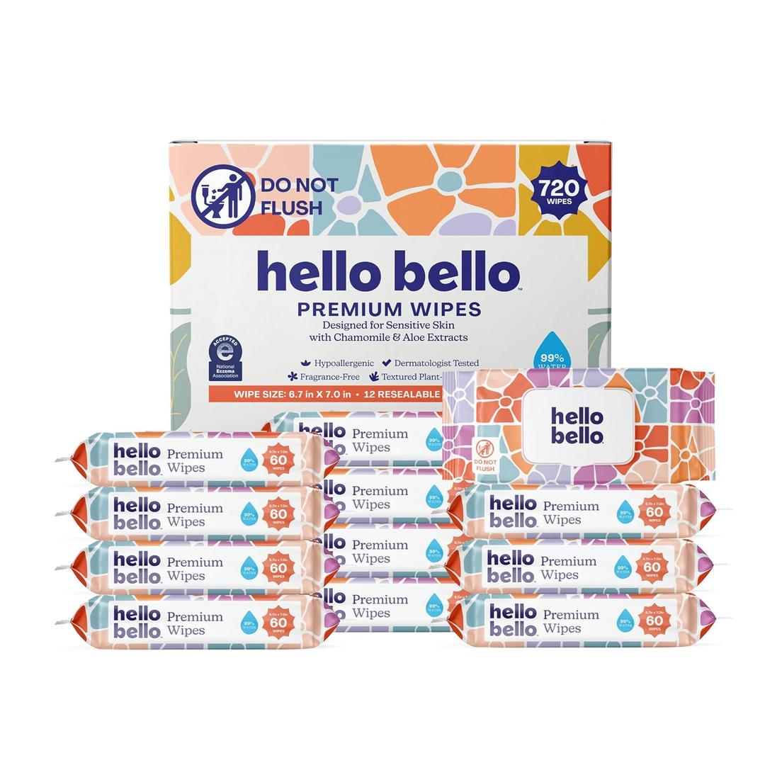 Hello Bello Premium Wipes, Designed for Sensitive Skin with Chamomile & Aloe Extracts, Flower Pop (12 Resealable Packets = 720 Total Wipes)