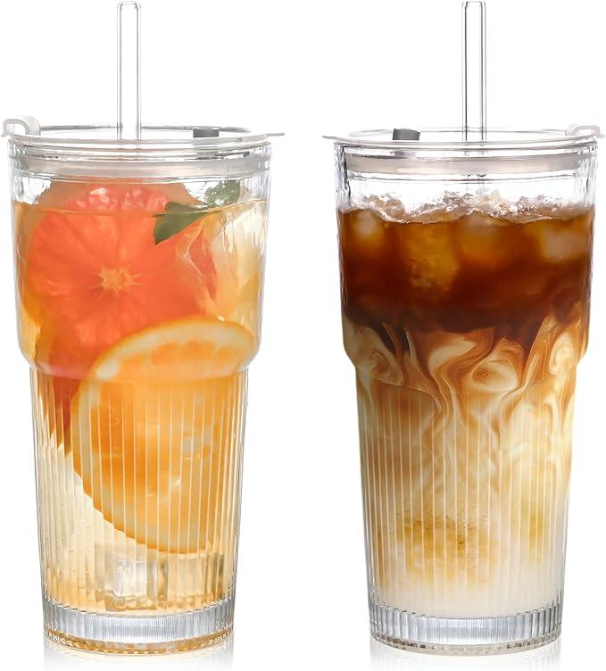 AUFXKOO 20oz Glass Tumblers with Lids and Straws,2PCS Glass Cups with Lids and Straws,Iced Coffee Cups with Lid, Ideal for Juice, Smoothies,Whiskey Cocktail Beer
