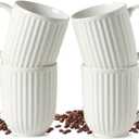 HASENSE Textured Coffee Mugs Set of 4, 16 Oz Ribbed Ceramic Cups with Large Handle for Latte Tea Cappuccino, Stackable Embossed Mug Set for Mom Dad, Microwave Dishwasher Safe, Creamy White
