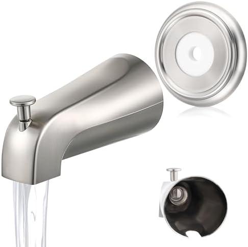 Universal Bathroom Tub Spout with Metal Tub Spout Cover Ring, 5 1/4 Inches Reach Wall Front Mount Faucet with Shower Diverter 1/2" IPS Inside Thread(Brushed Nickel)