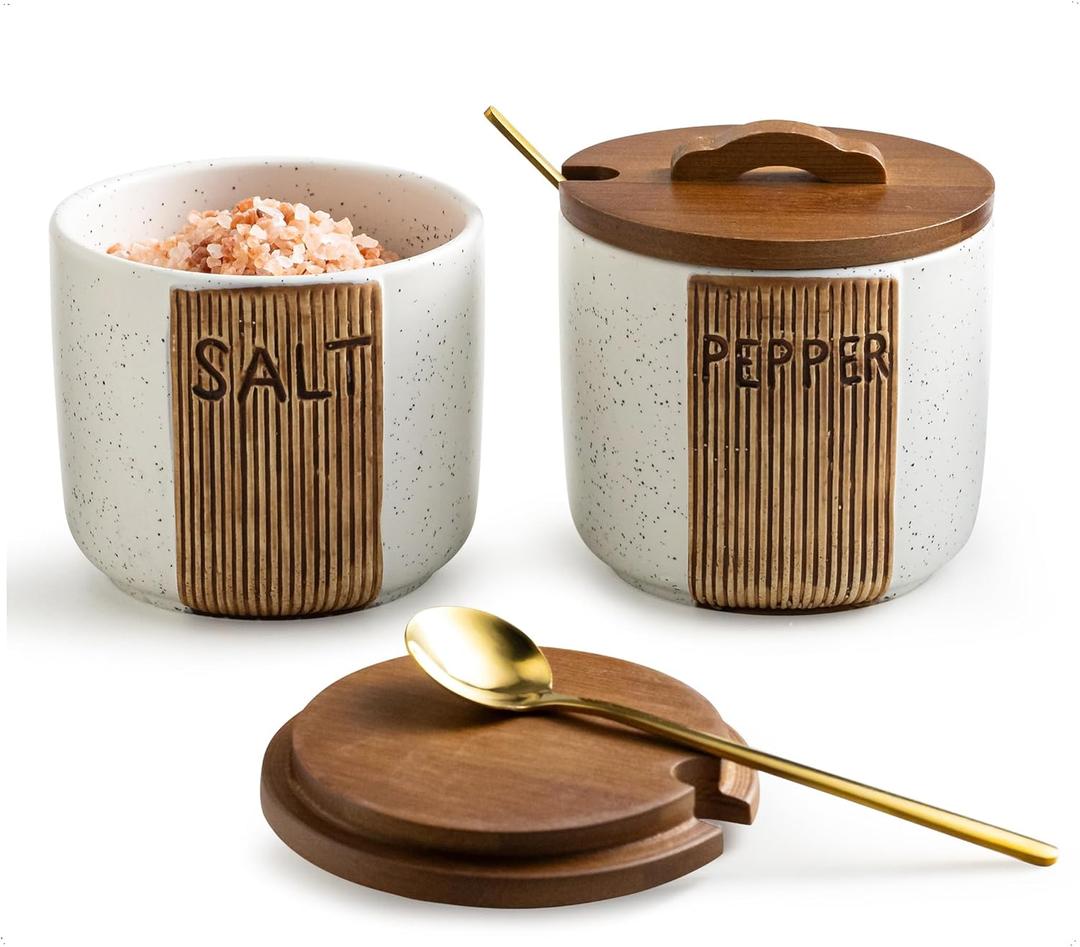Salt and Pepper Bowl Ceramic, 10 Oz Salt and Pepper Cellar with Lid and Spoon, Farmhouse Salt Containers for Countertop, White (Set of 2)