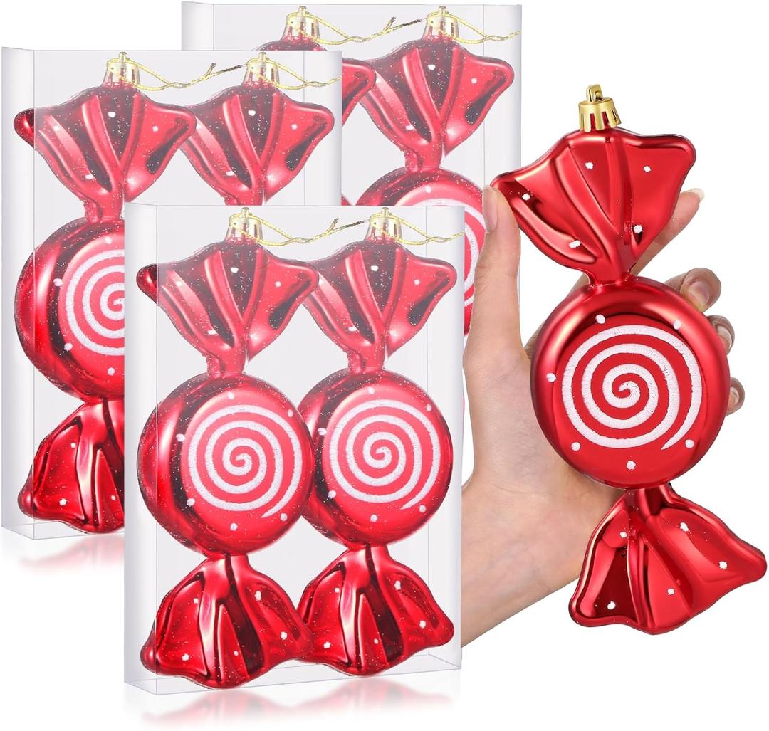 Aoriher 6 Pcs 7.6" Large Candy Cane Ornaments Christmas Tree Peppermint Decorations Hanging Candy Ornaments Glitter Christmas Picks with Golden Ropes for Xmas Party Decorations (Red)