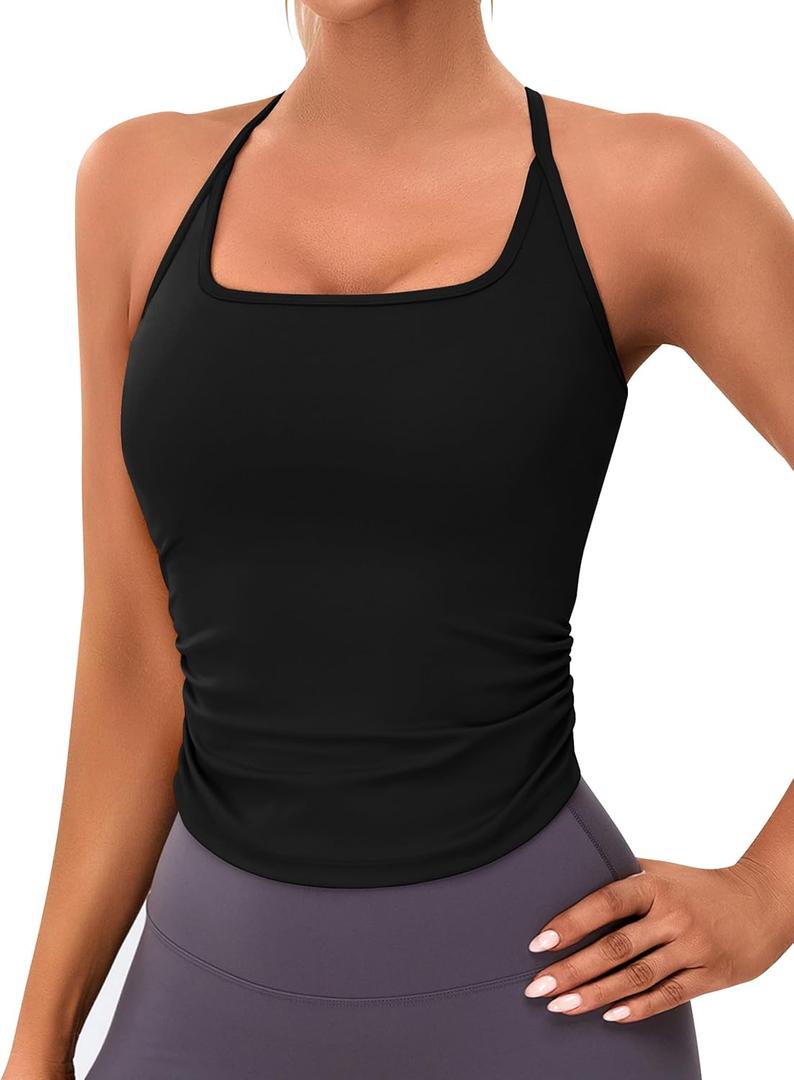 BMJL Womens Workout Tank Tops Built in Bra Ruched Gym Tops Racerback Athletic Yoga Shirts (Black, S)