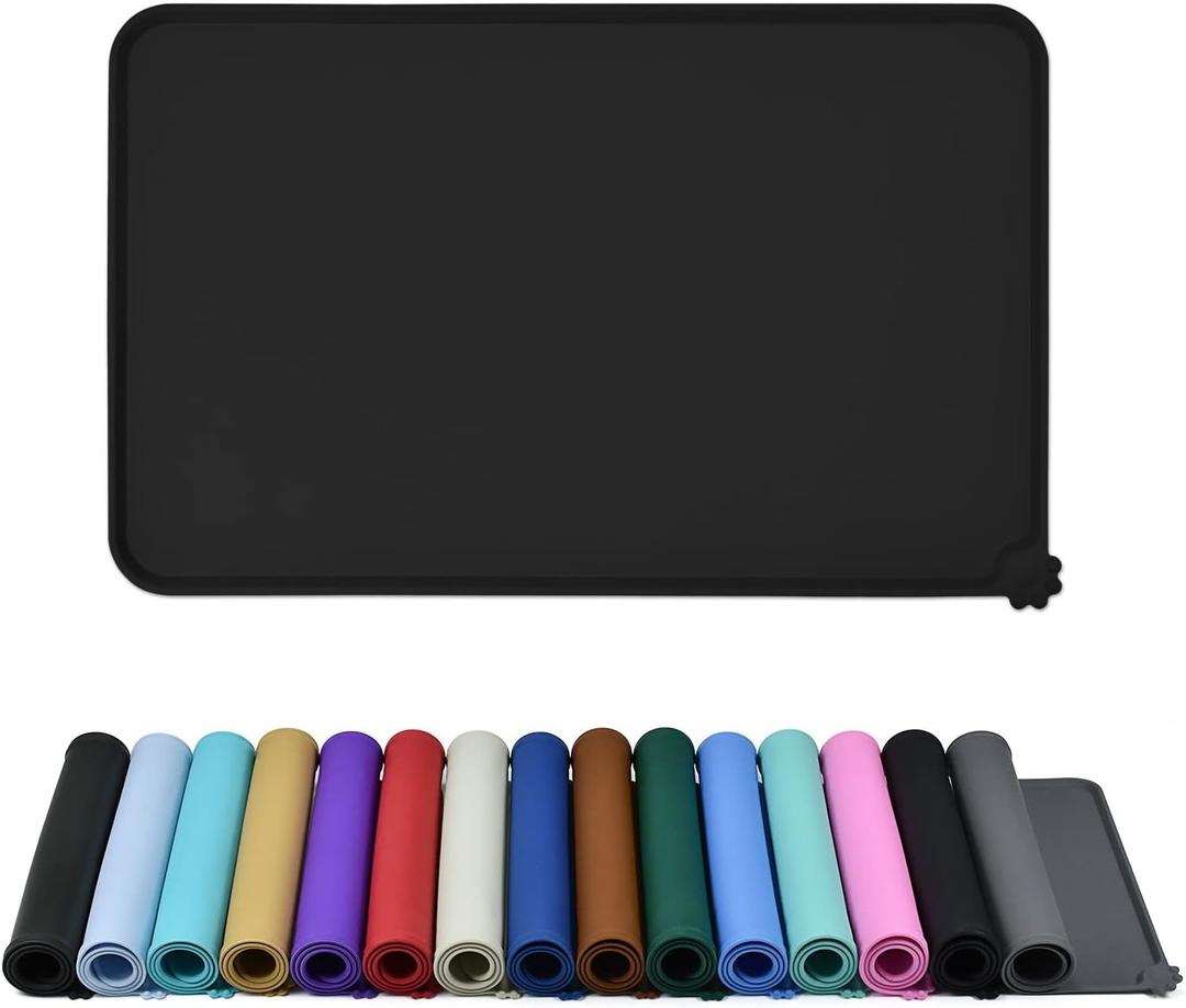 Waterproof Pet Feeding Mat with High Raised Edges, Heavier and Thicker Placemats for Cat Dog Water Bowl with BPA Free, Dogs Cats Food Mats for Messy Drinkers to Prevent Spill and Protect Floors (28" x 18", Black)