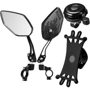 4 Pcs Bike Accessories Set Adjustable Rear View Bike Mirror, 360 Phone Holder, Loud Bicycle Bell, Handlebar Mount Cycling Kit for Mountain Road Bikes