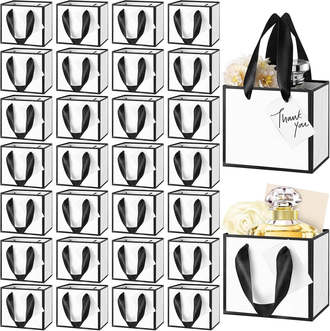 Yeaqee 50 Pcs Mini Metallic Gift Bags with Handles 4x4.75x2.25'' Tiny Thank You Favor Bags with Tag for Easter Mother's Day Wedding Spring Welcome Baby Shower Graduation Birthday (White,Black)