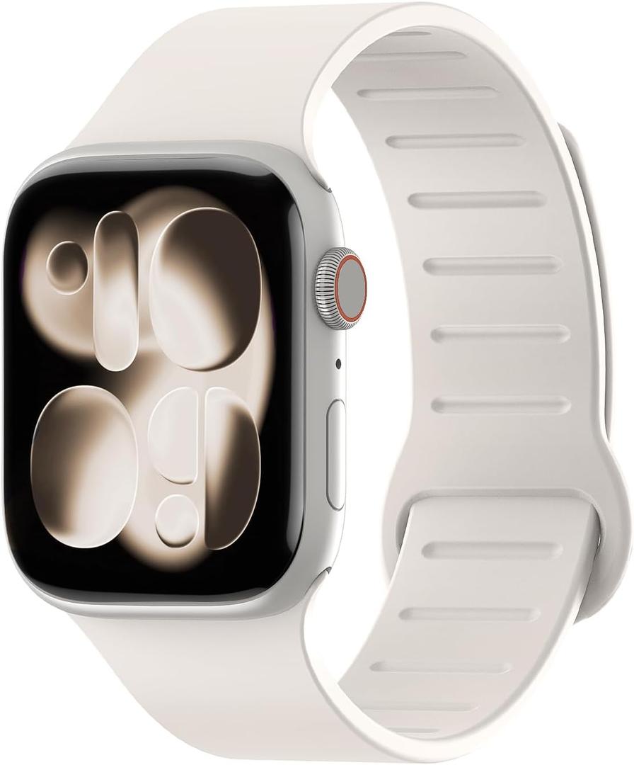 Magnetic Silicone Band Compatible with Apple Watch Band 38mm 40mm 41mm 42mm 44mm 45mm 46mm 49mm Women Men, Soft Waterproof Replacement Strap for iWatch Series 11 10 9 8 7 6 5 4 3 2 1 SE Ultra (Starlight)