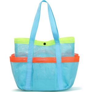 Mesh Beach Bag, Foldable Waterproof Sandproof Beach Storage Tote with 6 Pockets, Swim Tropical Vacation Pool Essential (Blue)