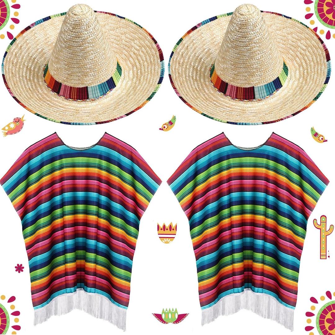 JaGely 4 Pcs Cinco De Mayo Mexican Serape Poncho Fabric and Straw Sombrero Headbands Costume