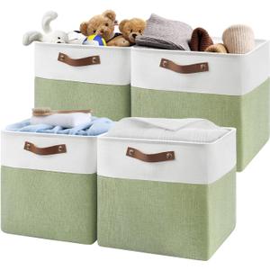 13 Inch Cube Storage Bins,Set of 4, Foldable Storage Basket with PU Handles for Organizing Home, Closet, Laundry, Office, Organizers for Shelves(White/Green)