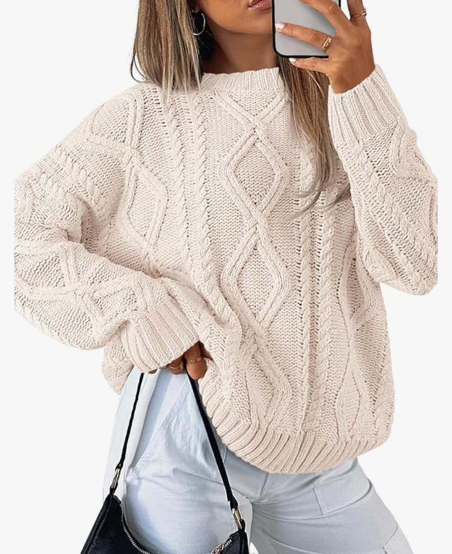 Trendy Queen Women's Oversized Cable Knit Crewneck Sweaters Beige M