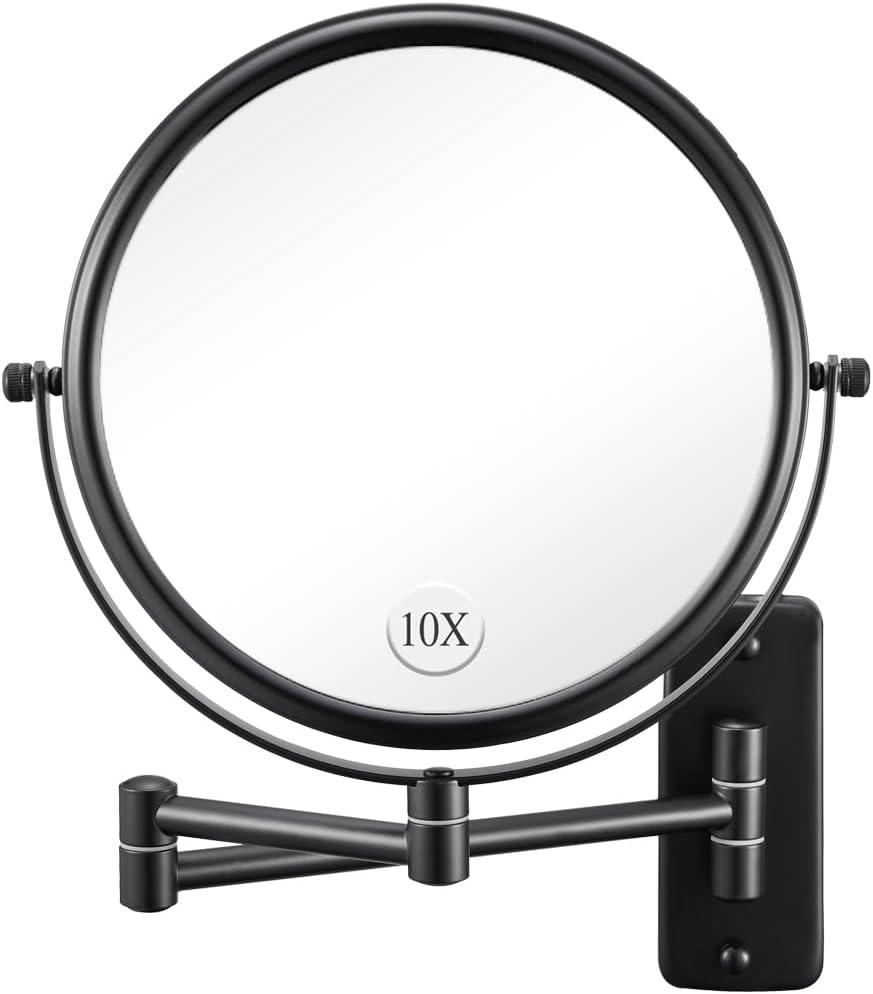 Wall Mounted Makeup Mirror - 1X/10X Magnifying Mirror for Wall, 8 Inch Double Sided 360° Swivel Extendable Bathroom Mirror for Shaving, Black
