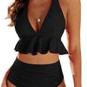 Edelqual Women High Waisted Bikini Sets Two Piece Swimsuit Ruffle Tummy Control Halter V Neck Bathing Suit 2026 Summer (Black, XL)