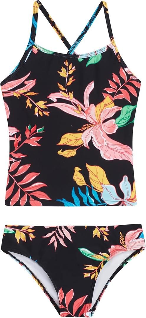 Kanu Surf Girls' Melanie Beach Sport UPF 50+ Banded Tankini 2-Piece Swimsuit (7, Spring Black)
