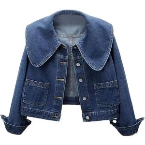 ASHER FASHION Womens Peter Pan Collar Jean Jacket Long Sleeve Cropped Denim Jackets Fall Button Jeans Coat with Pockets (X-Large, Blue)