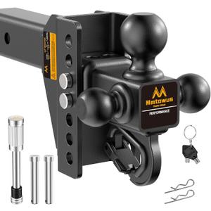 Adjustable Trailer Hitch - Drop Hitch -Tri Ball Mount w/Hook (1-7/8'', 2''&2-5/16''), Fits 2.5-Inch Receiver, 6'' Drop/Rise 15,000 LBS GTW Tow Hitch, 3 Ball Hitches for Trucks, RV, Camper etc