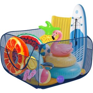 Pop-up Pool Toy Storage Bin 47 x 47 x 31 Inch Mesh Pool Organizer Bag with 2 Side Pockets for Inflatable Toys, Floats, Beach Balls,Towels and Other Swimming Accessories