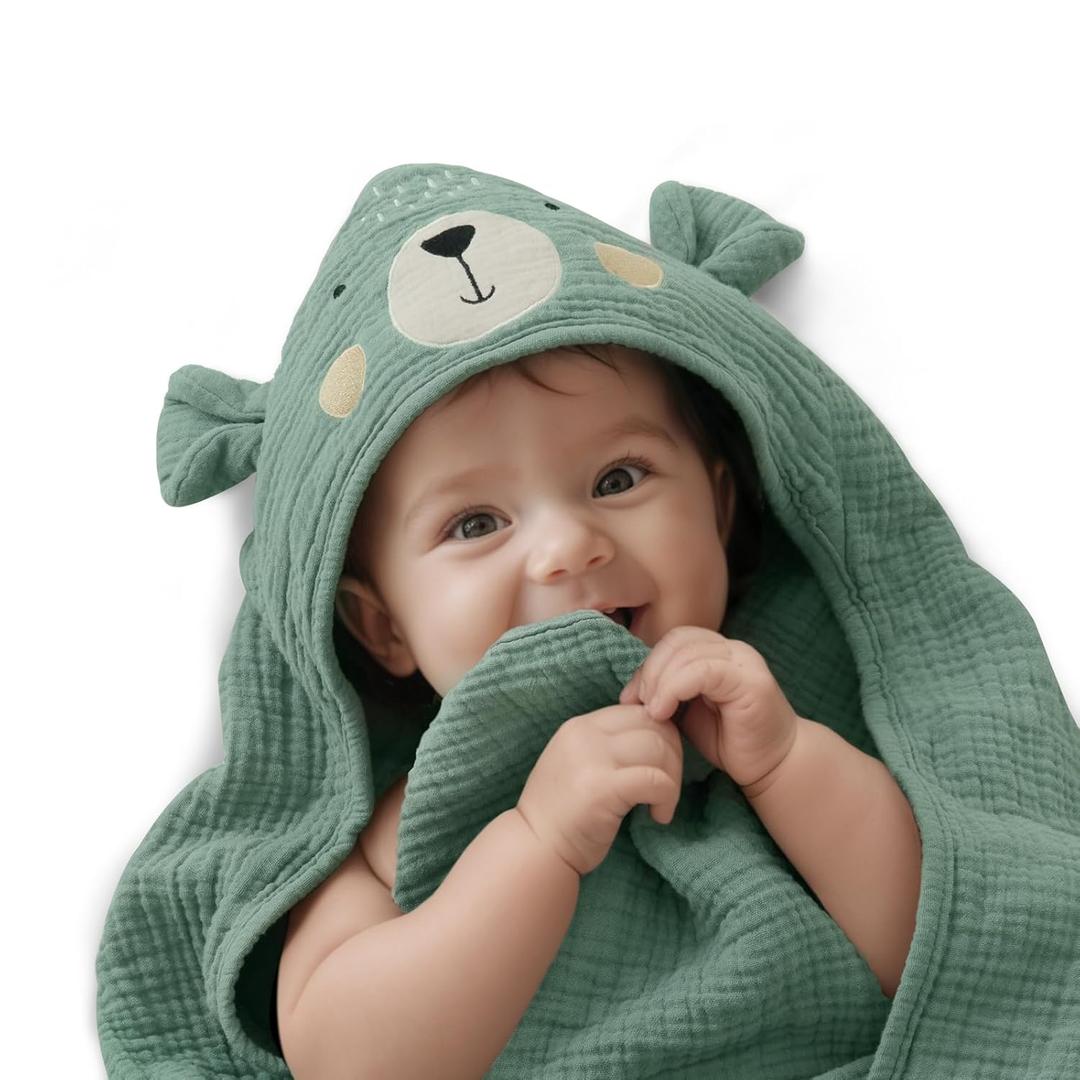 Blissful Diary Muslin Baby Hooded Towel, Soft and Absorbent Bath Towel for Newborn, Infant, Toddler, Unisex, 32x32 - Smart Bear (1 Pack)