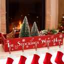 CIEOVO Christmas Stocking Holder Decorative Wooden Box with Hooks Mantle Stockings Hanger Christmas Decoration Gift Box Stocking Holder for Xmas Holiday Festival Fireplace Mantel