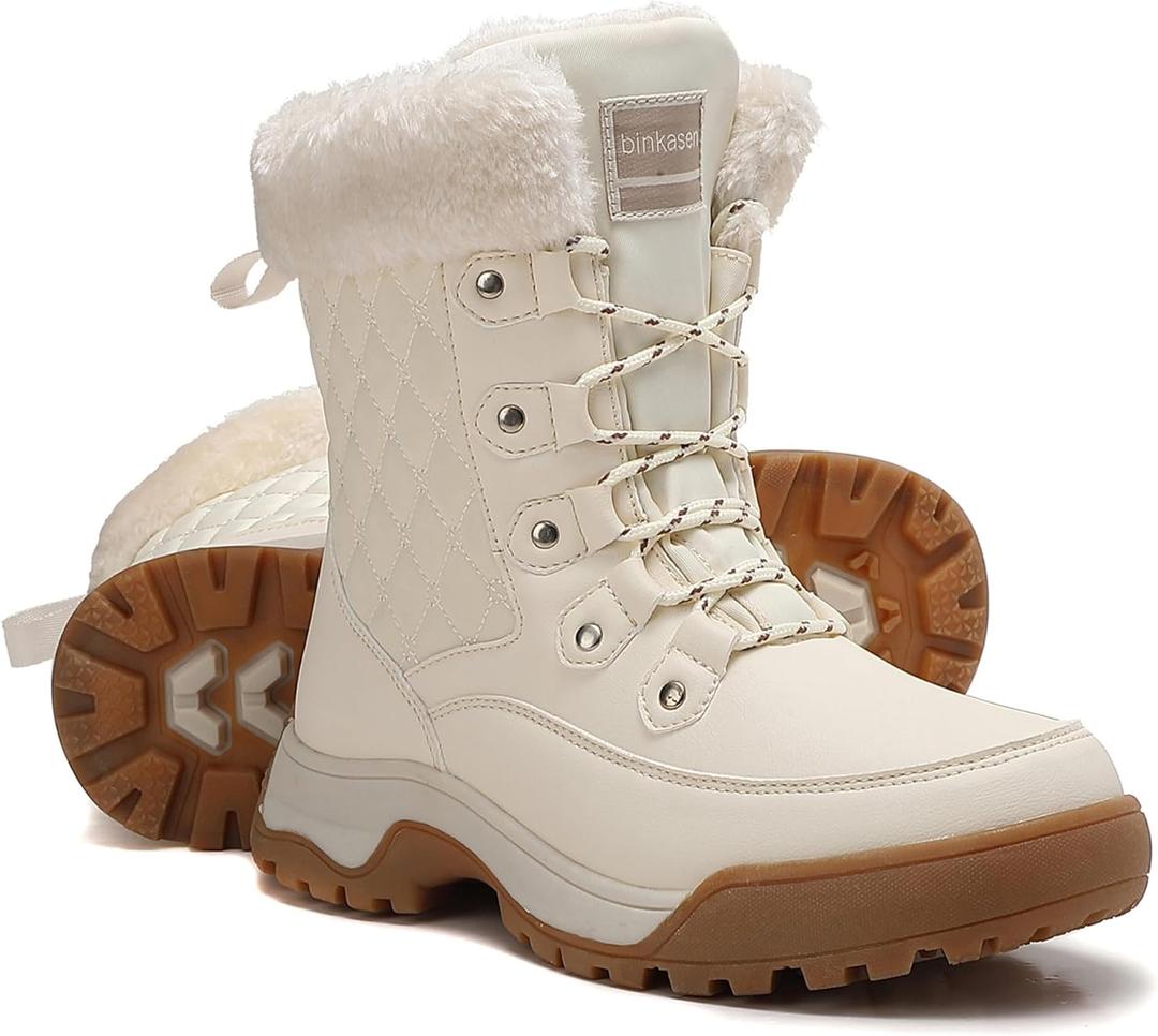 binkasen Snow Boots Women Non-Slip Insulated Faux Fur Winter Shoes with Lace (8, Beige 7015)