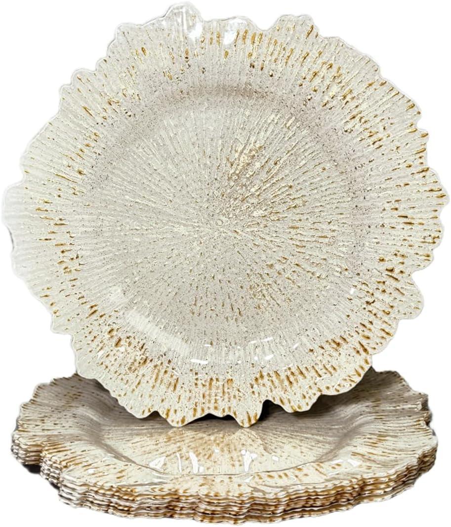 White Charger Plates,13 Inch Reef Plastic Chargers for Dinner Plate, Decorative Chargers for Wedding, Elegant Parties, Banquets and Table Decor (Set Of 6)