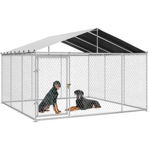 DWVO 14.8'x14.8' Large Outdoor Dog Kennel with Roof, Dog Pens Outside with Metal Dog Gate, Dog House Large Dogs for Yard