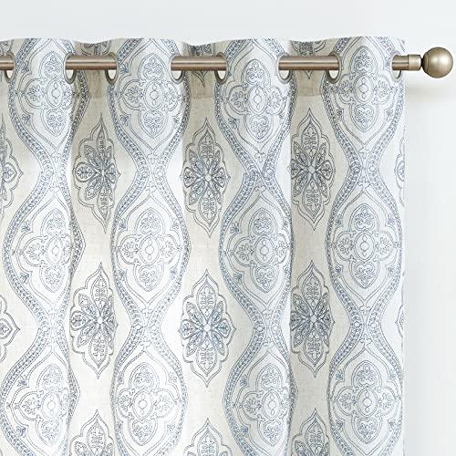 jinchan Boho Linen Curtains for Living Room Embroidered Design Window Curtains Light Filtering Flax Linen Blend Window Treatments Set for Bedroom Grommet Top 2 Panels 84 Inch Length Blue on Ecru