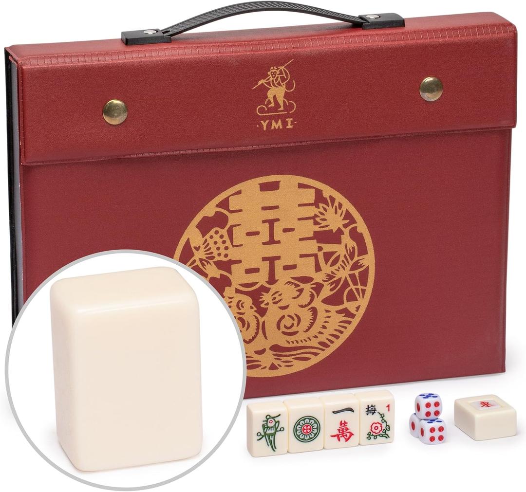 Yellow Mountain Imports Chinese Mahjong Set, Classic Ivory with 146 Ivory Colored Small Tiles, Vinyl Case, Wind Indicator and Dice - for Chinese Style Gameplay Only [] (Off-white)