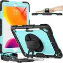 Timecity Case for iPad 9th/ 8th/ 7th Generation 10.2 inch - Heavy Duty Protective Cover with Screen Protector, Rotating Stand, Shoulder Strap & Pencil Holder | Kids-Friendly (Blue) (Black+ Light blue)