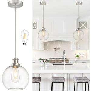 Bagood 8 Inch Nickel Hanging Pendants Light Contemporary Globe Pendant Kitchen Island Modern Pendant Lights with Clear Glass Adjustable Hanging Light Fixture for Dining Room Bedroom (Bulb Incl.)