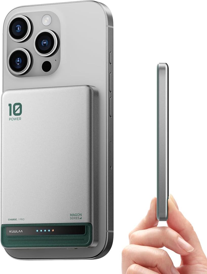 Kuulaa for MagSafe Battery Pack 10000mAh, Alloy Type C 20W Ultra Slim Wireless Portable Phone Charger with USB-C Cable, 0.51in Magnetic Power Bank for iPhone 16/ 15/ 14/ 13/ 12 (Silver)