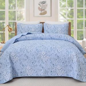 WONGS BEDDING Botanical King Quilt Bedding Set, Soft Blue Bedspread | Floral Printed, Polyester Coverlet, Breathable All-Season, Fits King 110"x90", Perfect for Bedroom Guest Room Home Decor